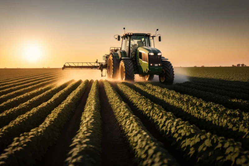 Wygenerowana przez AI grafika komputerowa przedstawiająca traktor z opryskiwaczem nawożące uprawę soi